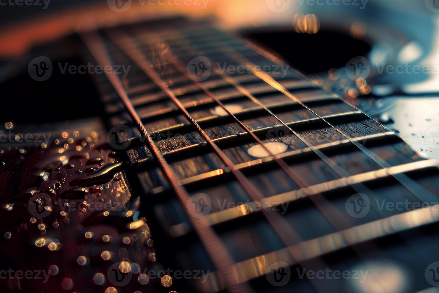 Wet electric guitar strings reflecting warm light photo