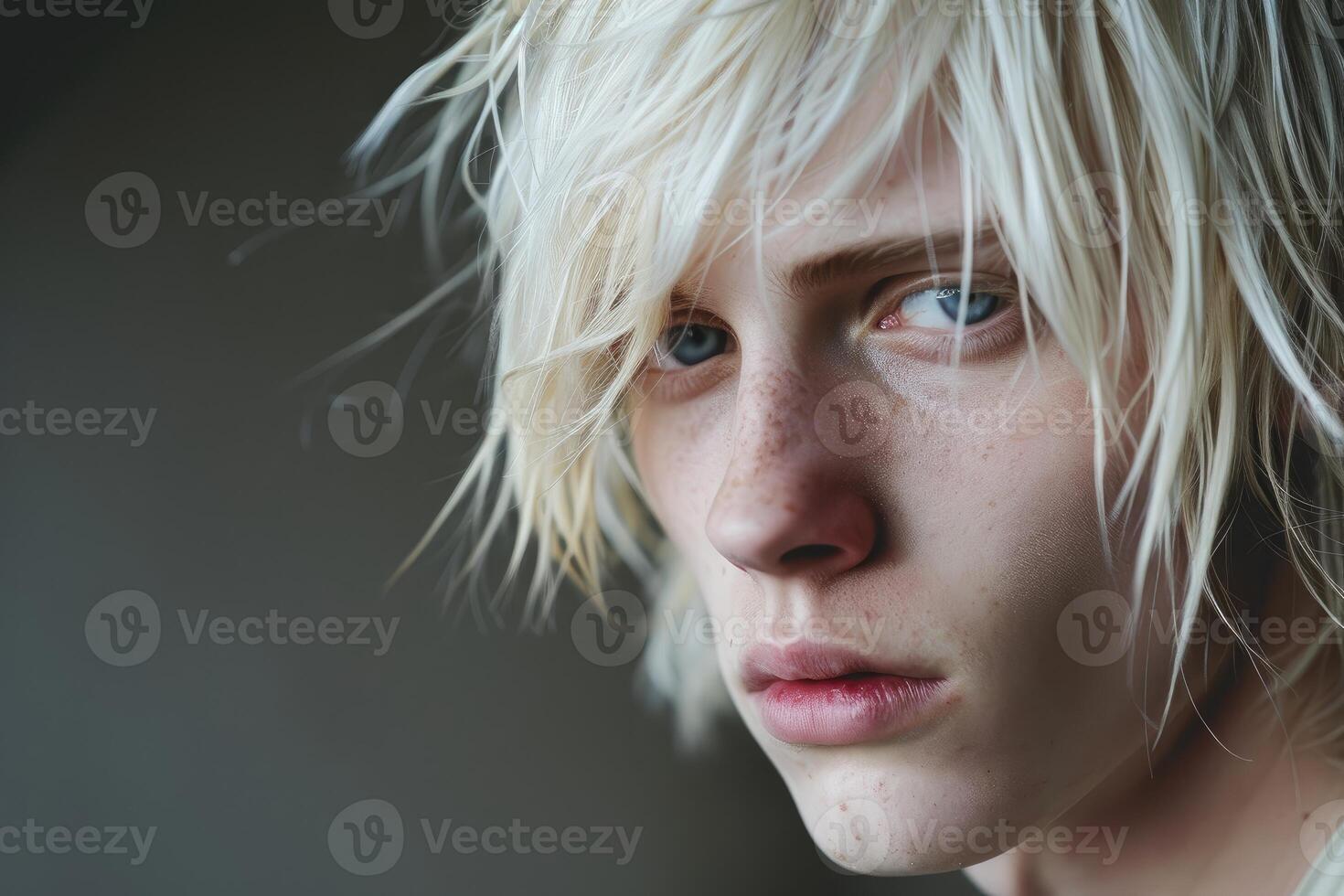 Portrait of albino young man with freckles showing serious expression photo
