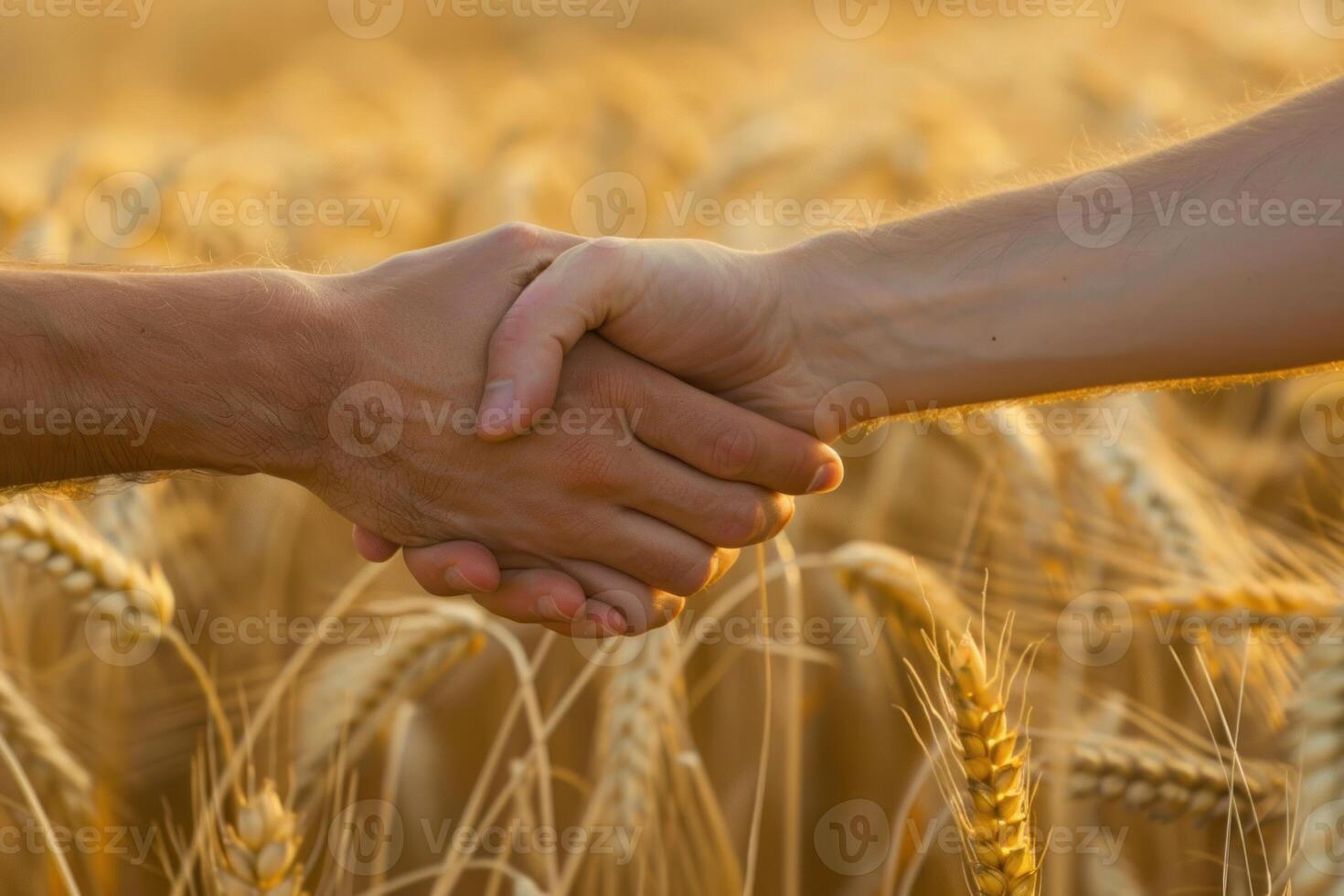 Farmers shaking hands in a wheat field at sunset, making a deal photo