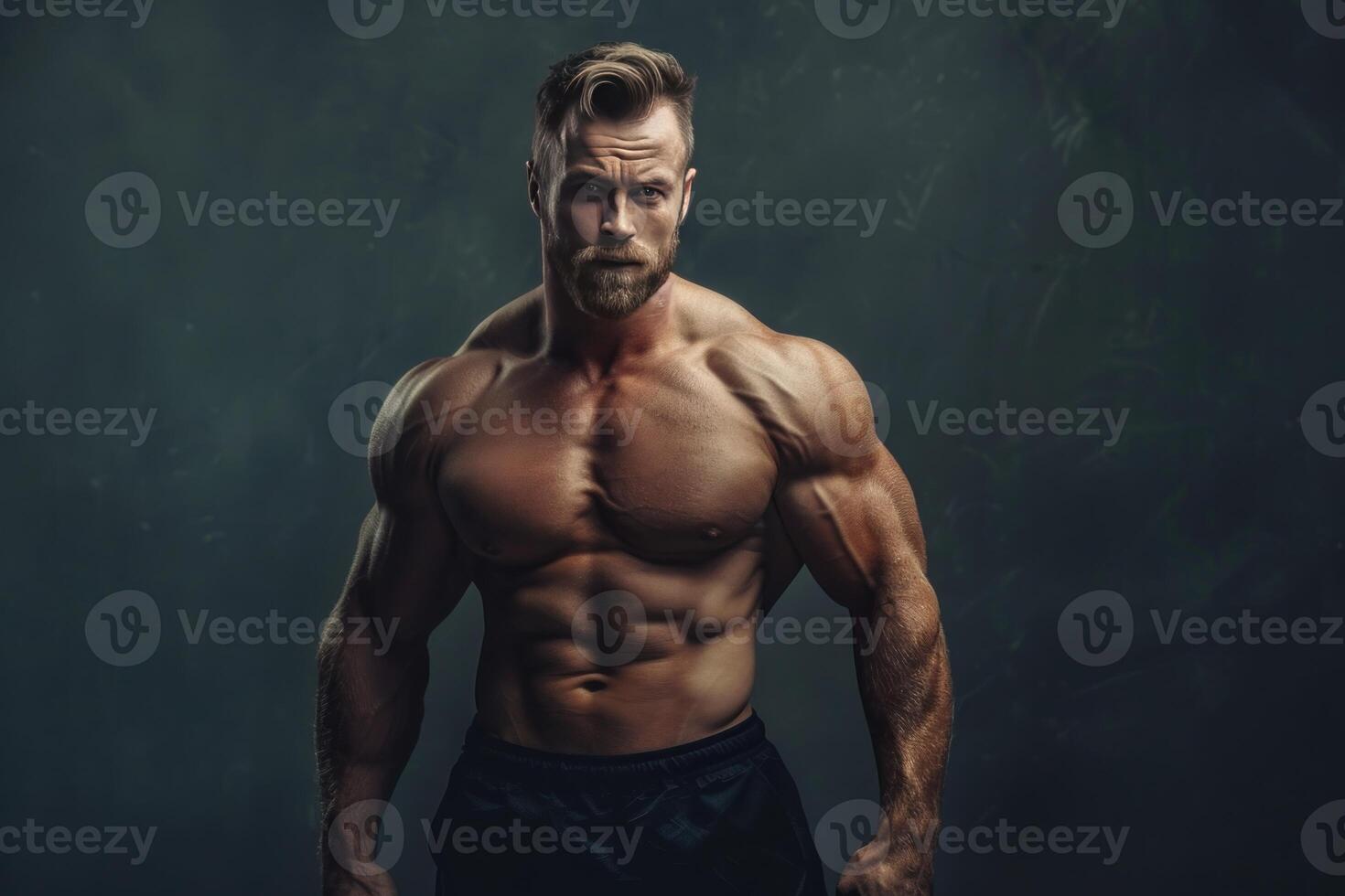 Powerful bodybuilder posing showing huge muscles and beard on dark background photo