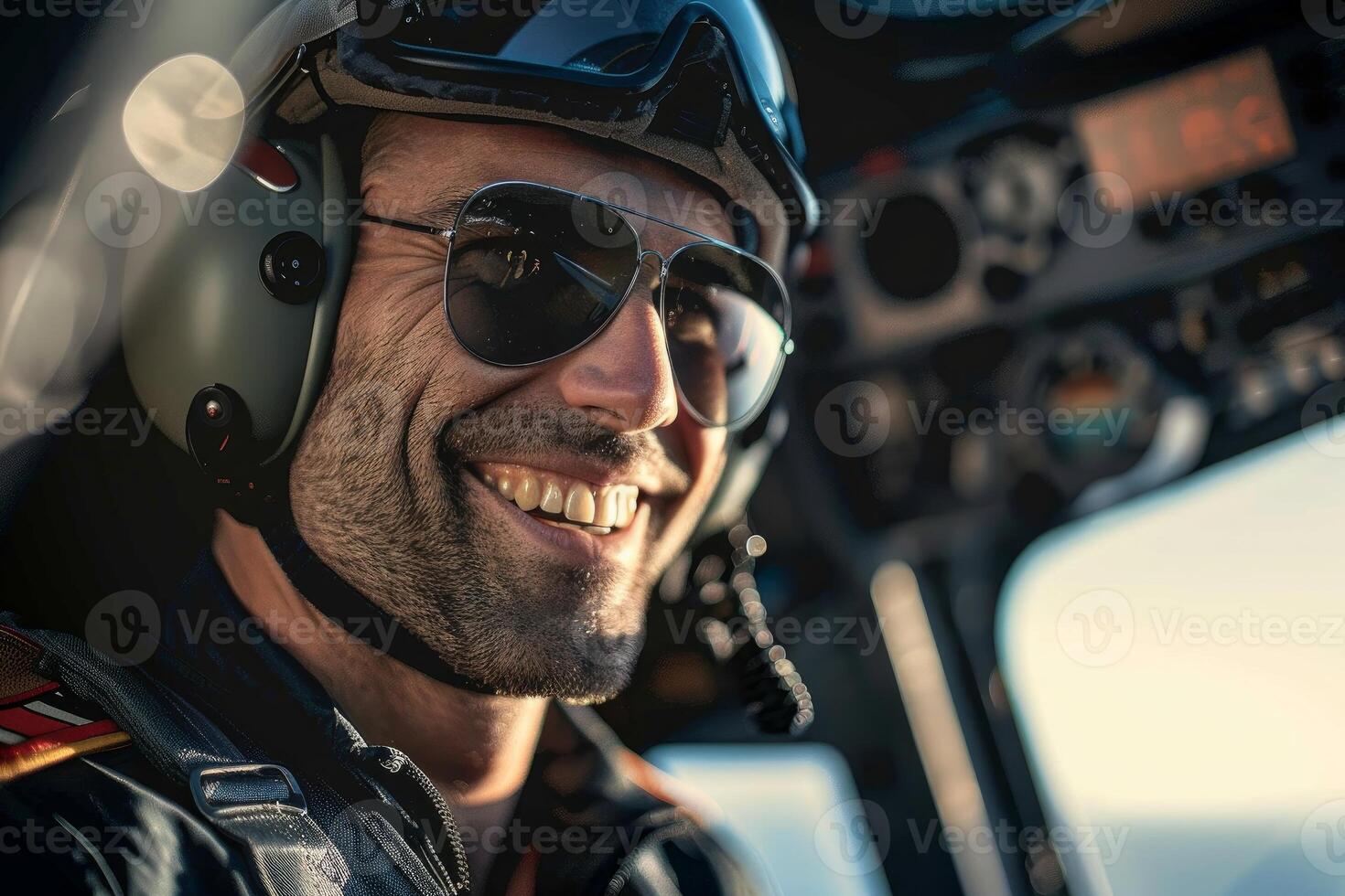 Smiling pilot wearing sunglasses and headset inside helicopter cockpit photo