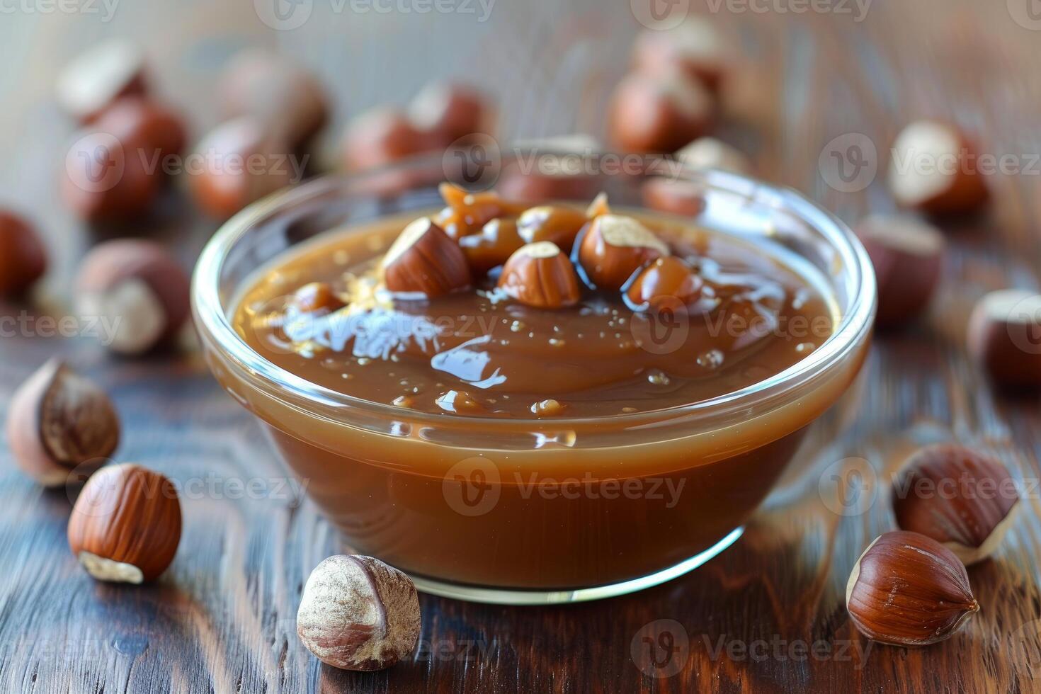 Hazelnut cream with hazelnuts in a glass bowl on wooden table photo