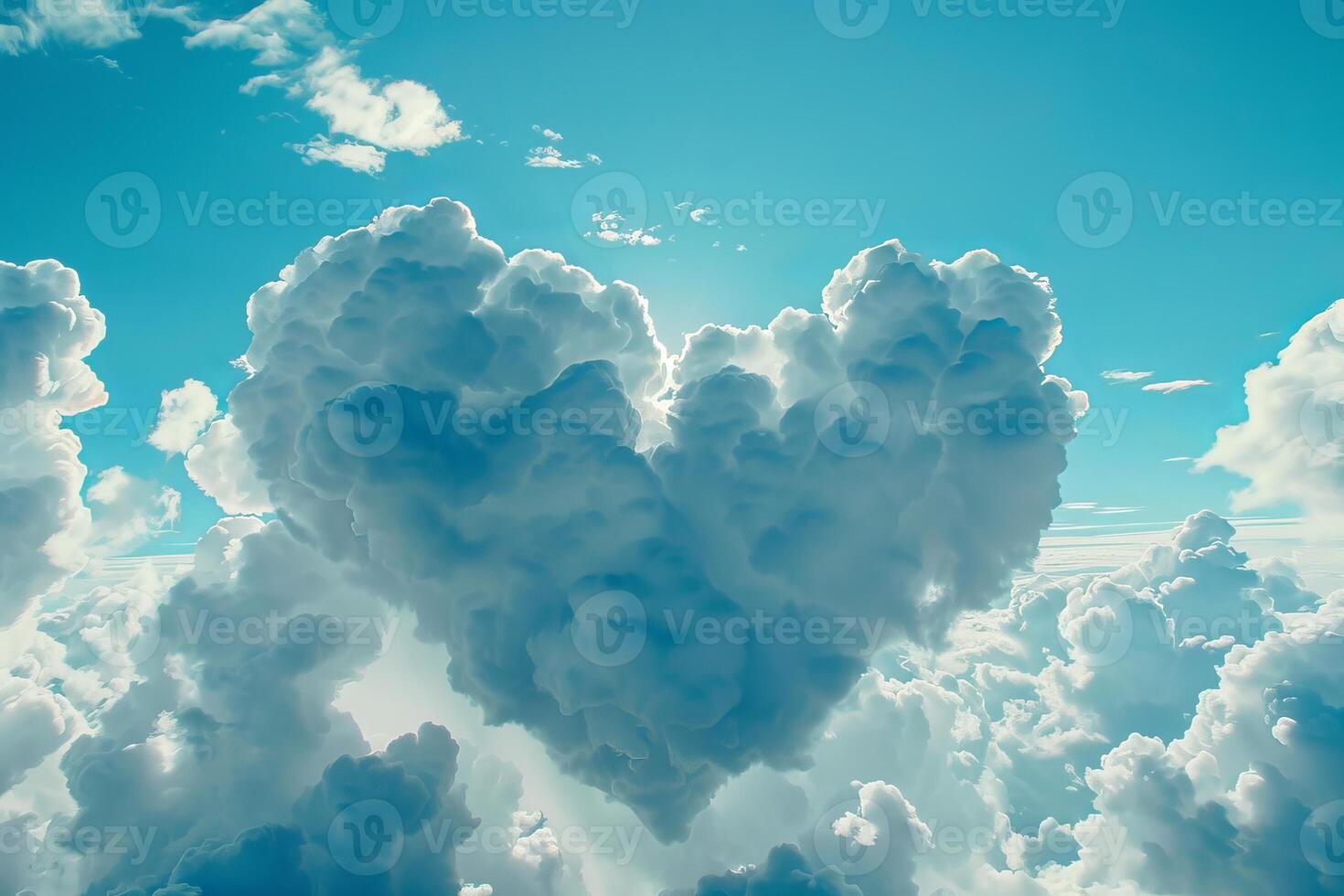 Heart shaped cloud formation illuminating blue sky with sunlight photo
