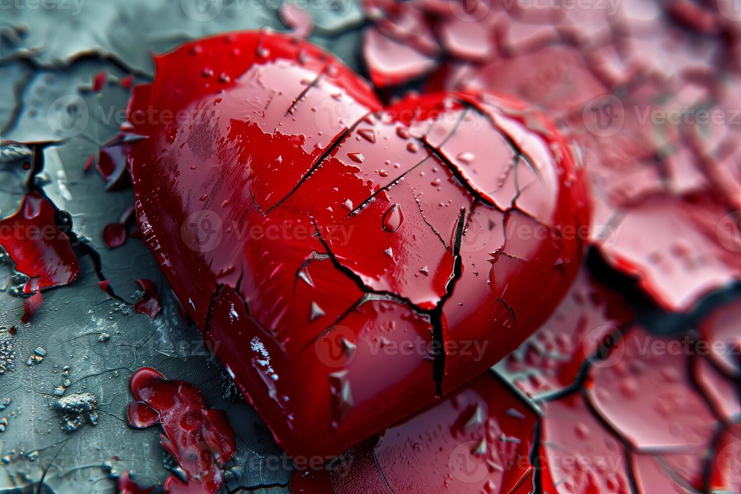 Broken heart symbolizing lost love and sadness is laying on cracked surface photo