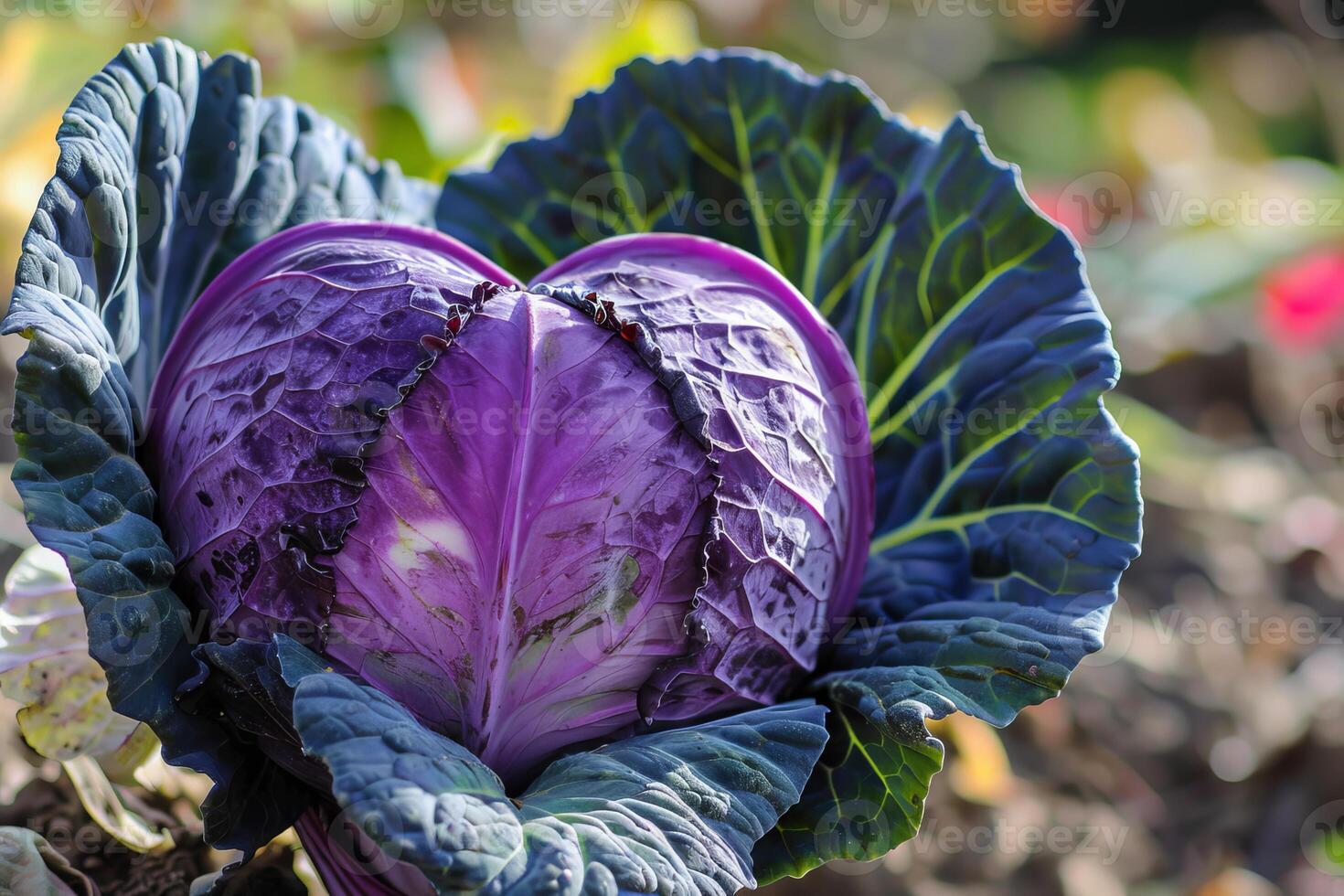 Red cabbage growing in garden with lush purple leaves photo