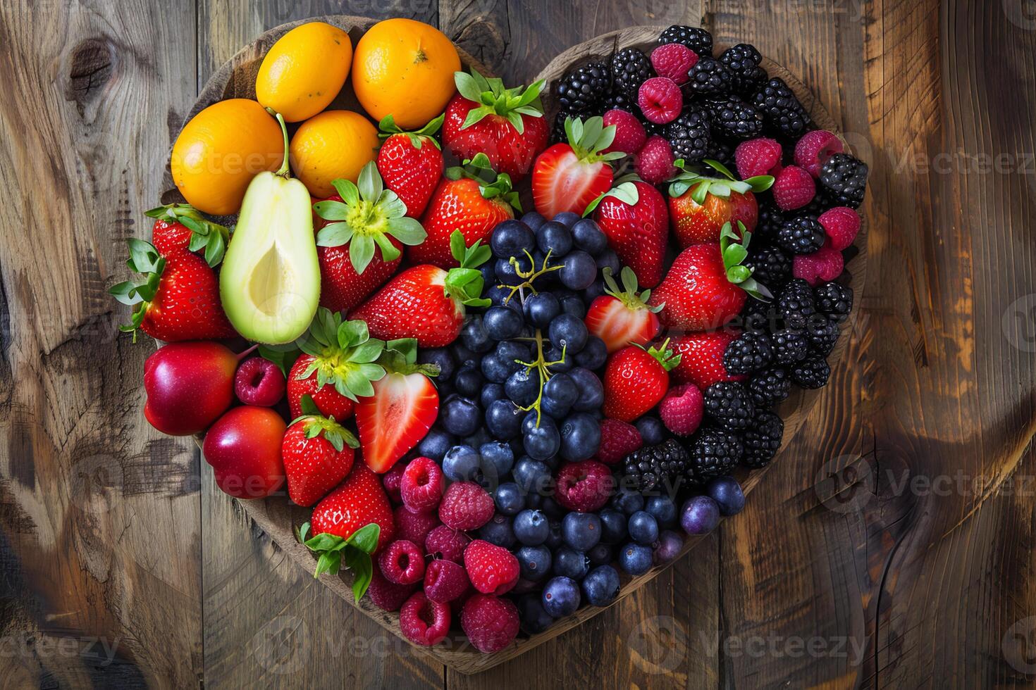 Fresh fruit platter forming a heart shape on rustic wooden table photo