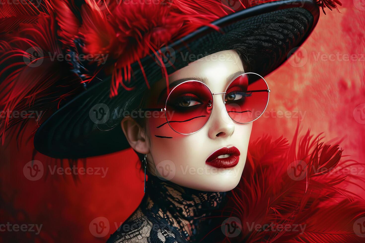 Fashion model wearing red sunglasses and feathered hat posing on red background photo