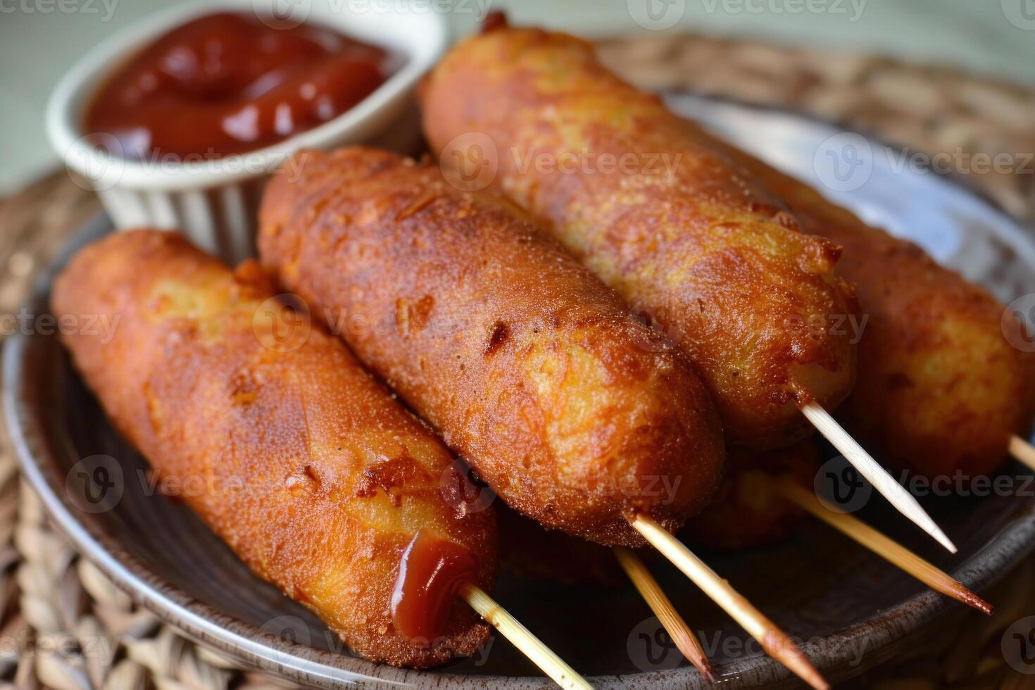 Delicious crunchy corn dogs with ketchup on a plate photo