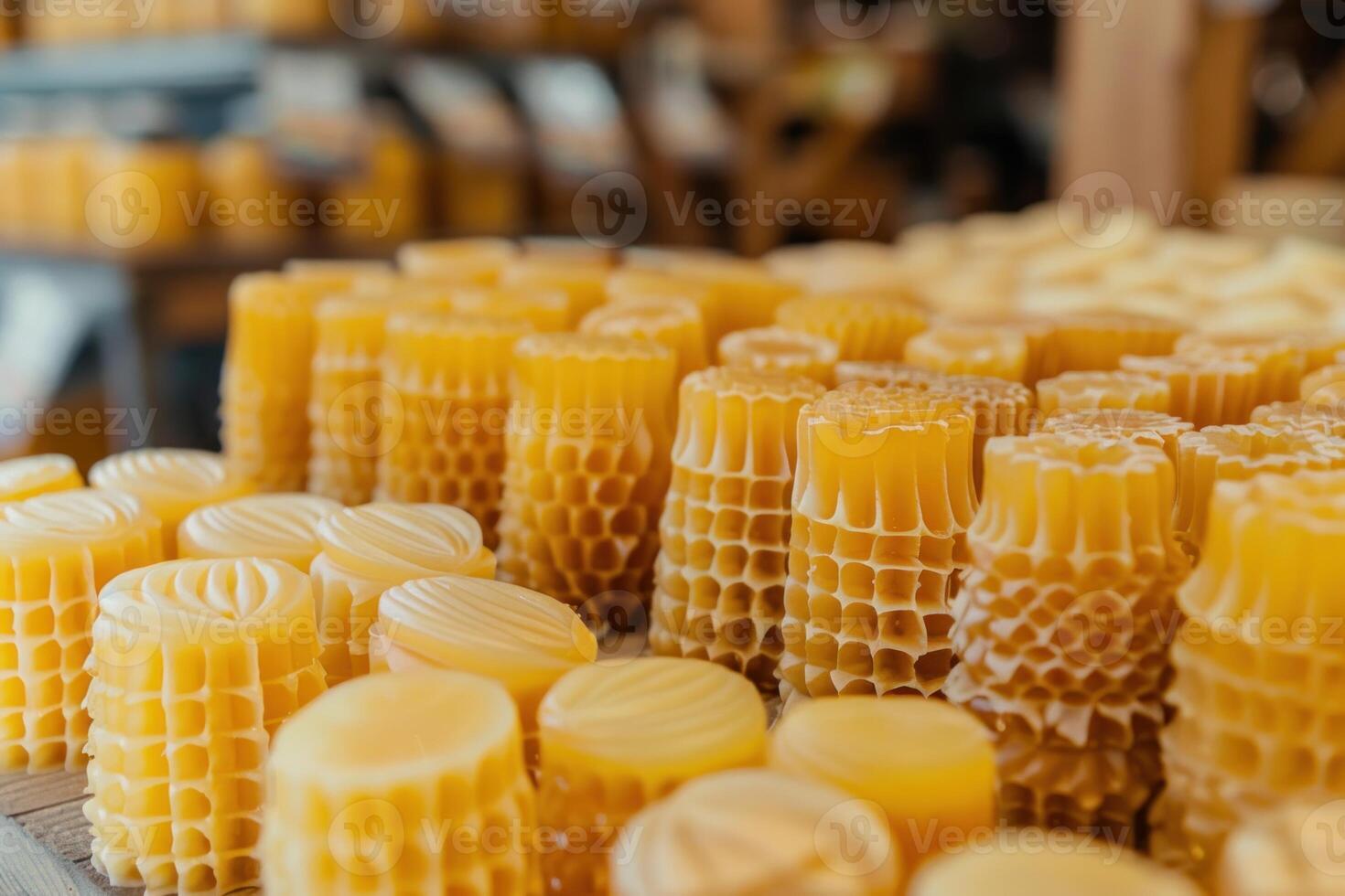 Natural beeswax candles displayed on a wooden shelf, showing the beauty of honeycomb structure photo