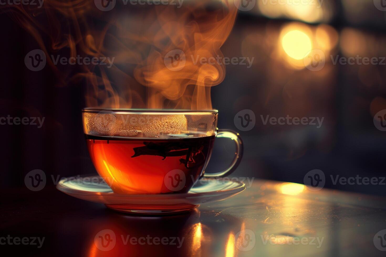 Steaming cup of hot tea creating cozy atmosphere at sunset photo