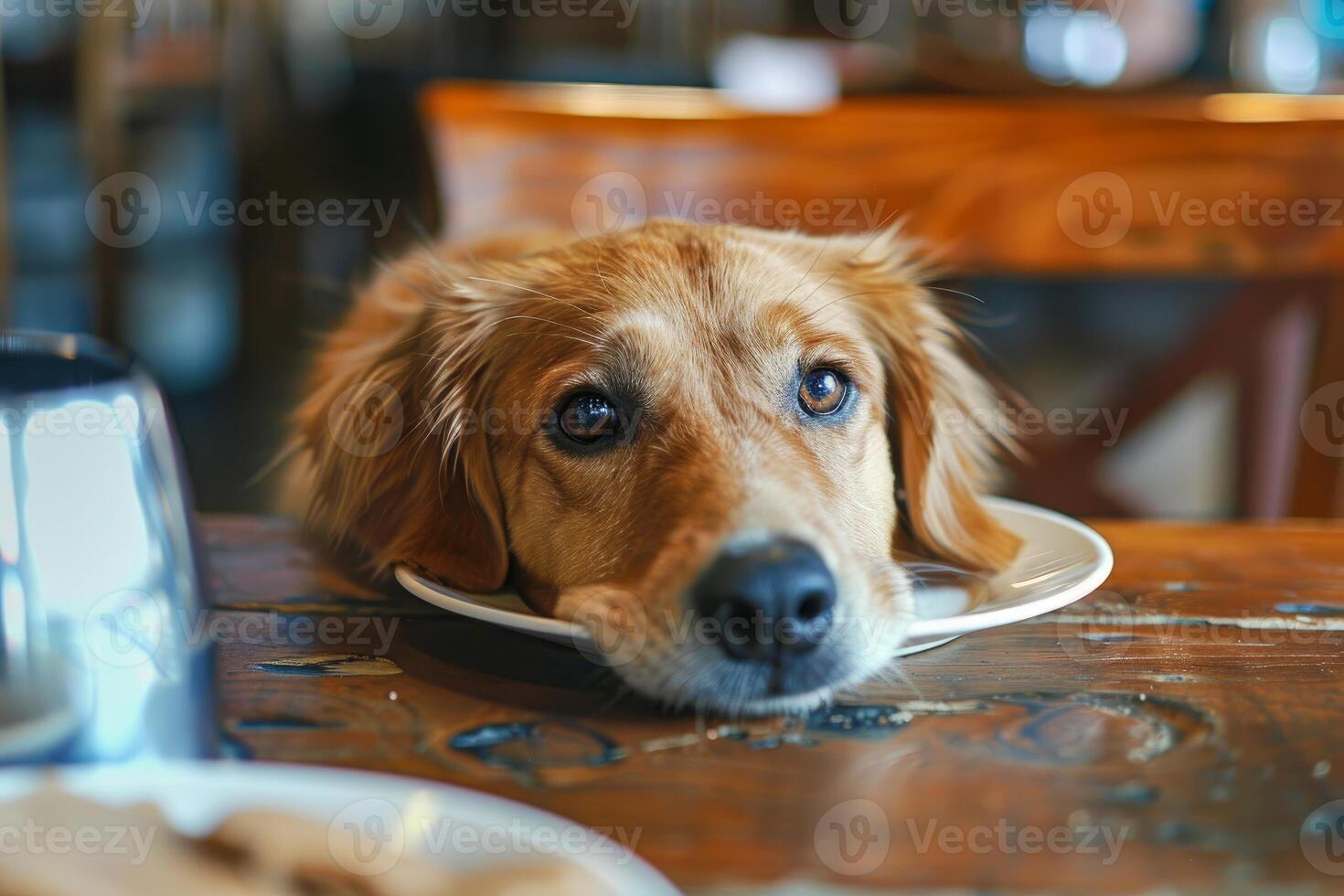 Golden retriever dog waiting for food in restaurant photo