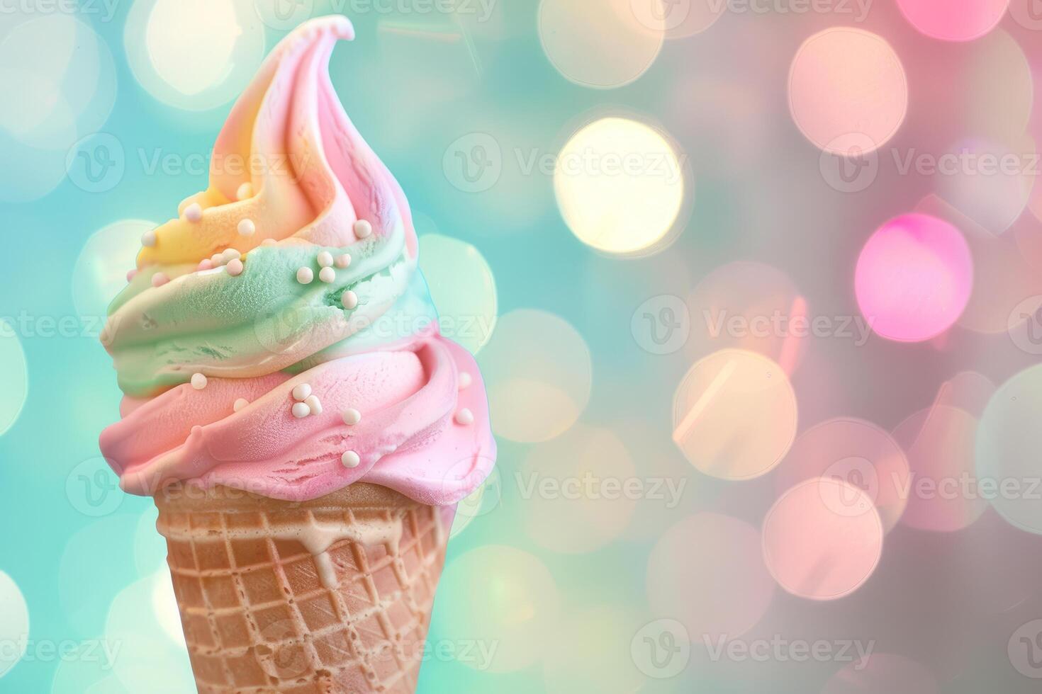 Delicious rainbow ice cream melting in a waffle cone on festive bokeh background photo