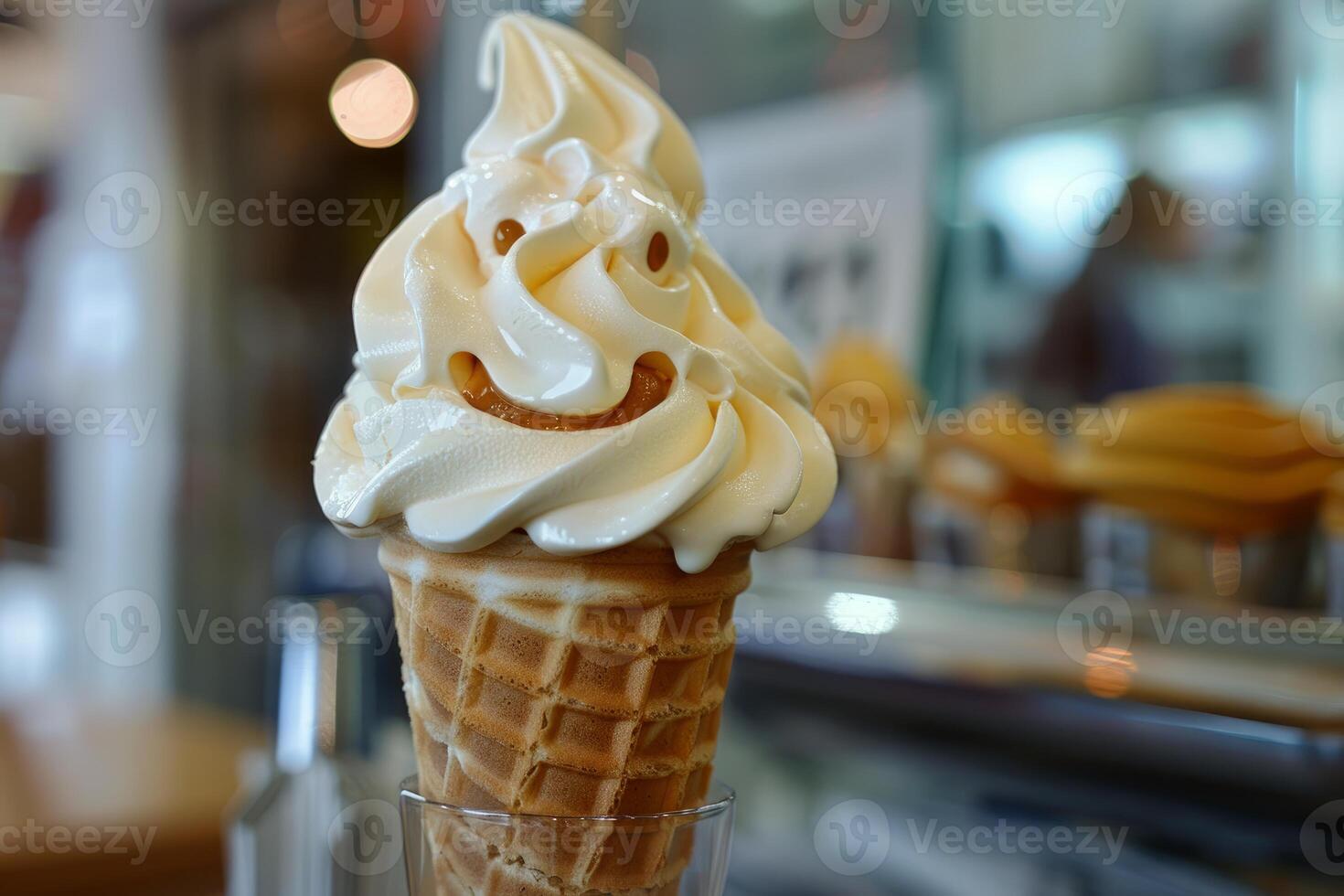 Smiling soft serve ice cream cone displayed in glass at store counter photo
