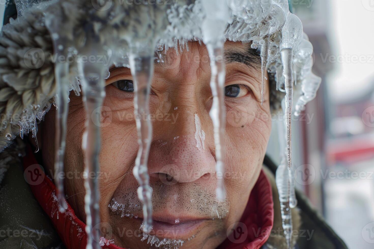 Frozen face of mountaineer with icicles hanging from fur hat photo