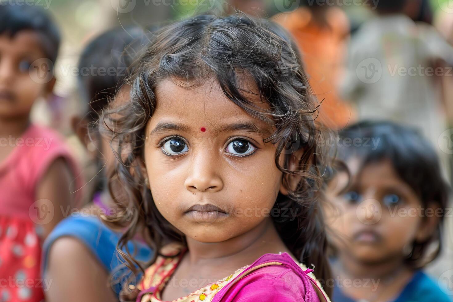 Portrait of a young indian girl with expressive eyes in a crowd photo