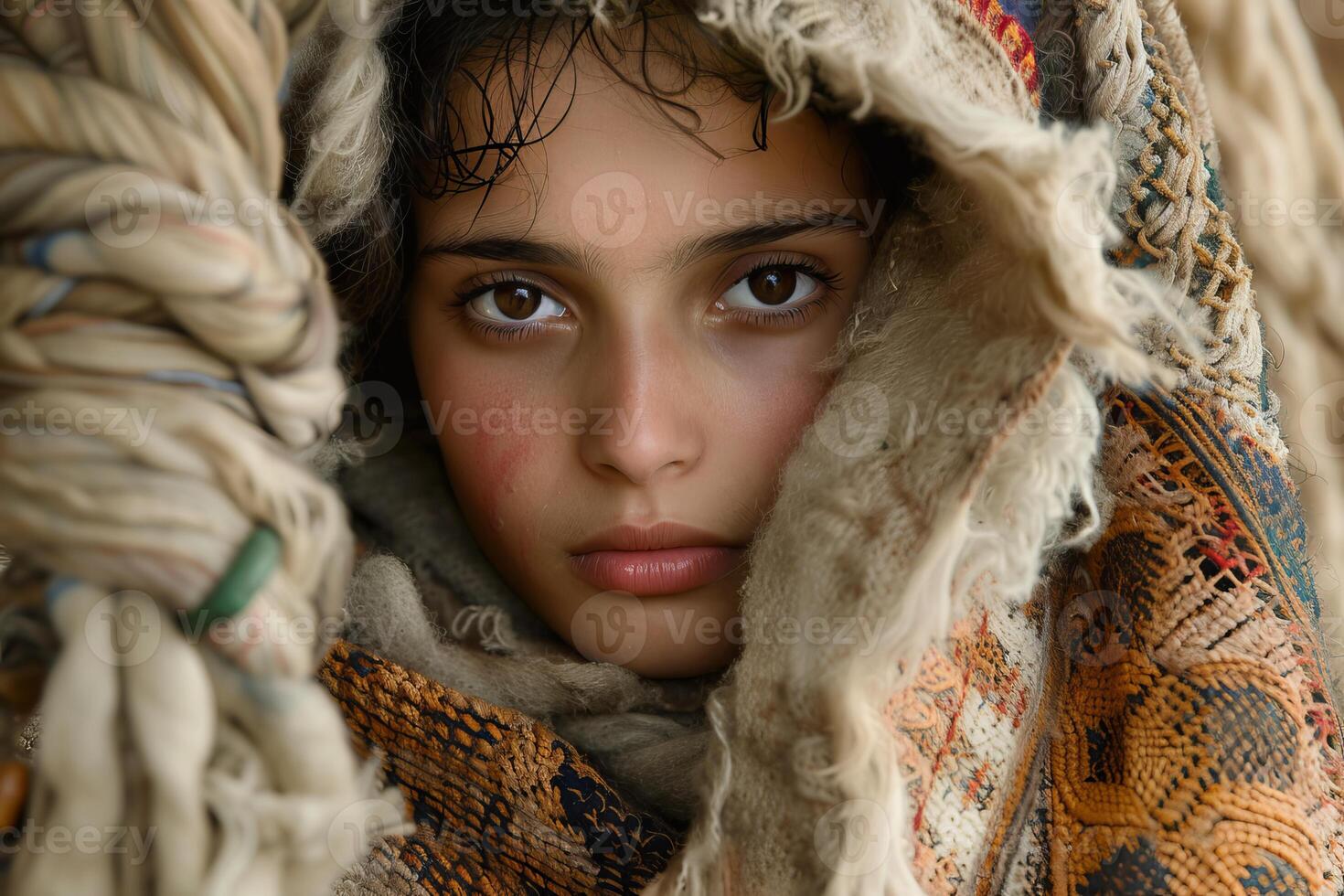 Young refugee girl wearing rags looking at the observer photo