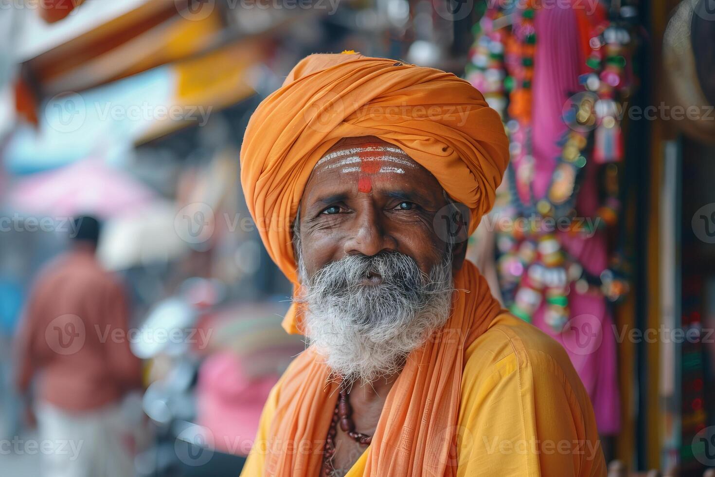 Indian sadhu wearing orange turban and smiling in street market photo