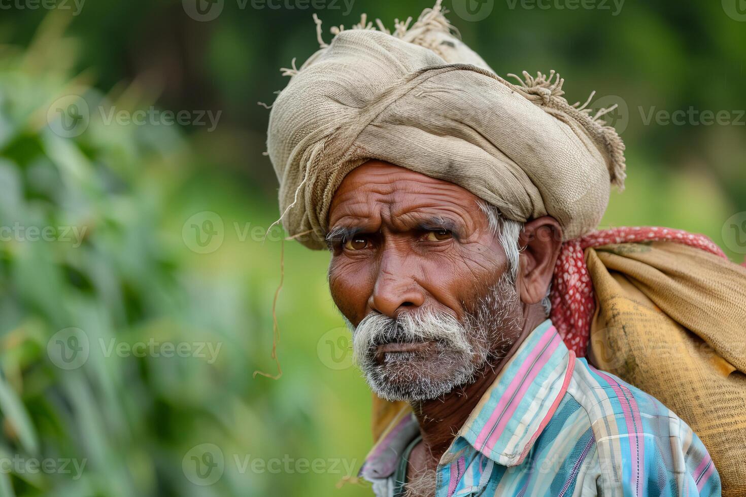 Indian farmer carrying sack of crops in field portrait photo