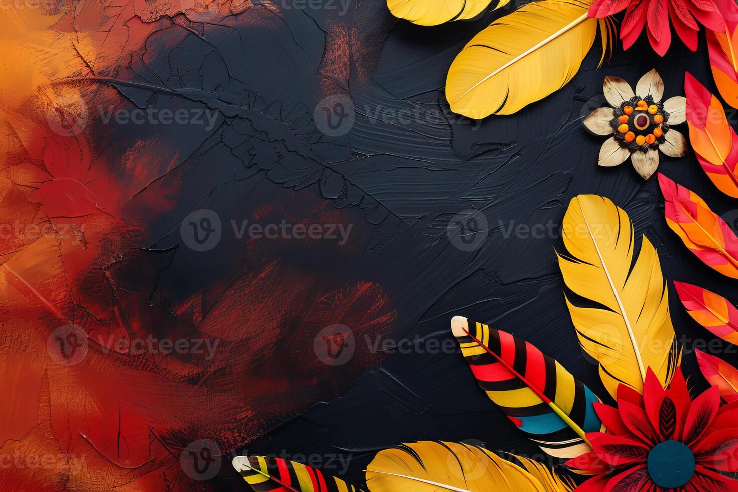 Colorful feathers and flowers creating vibrant southwest design on textured background photo