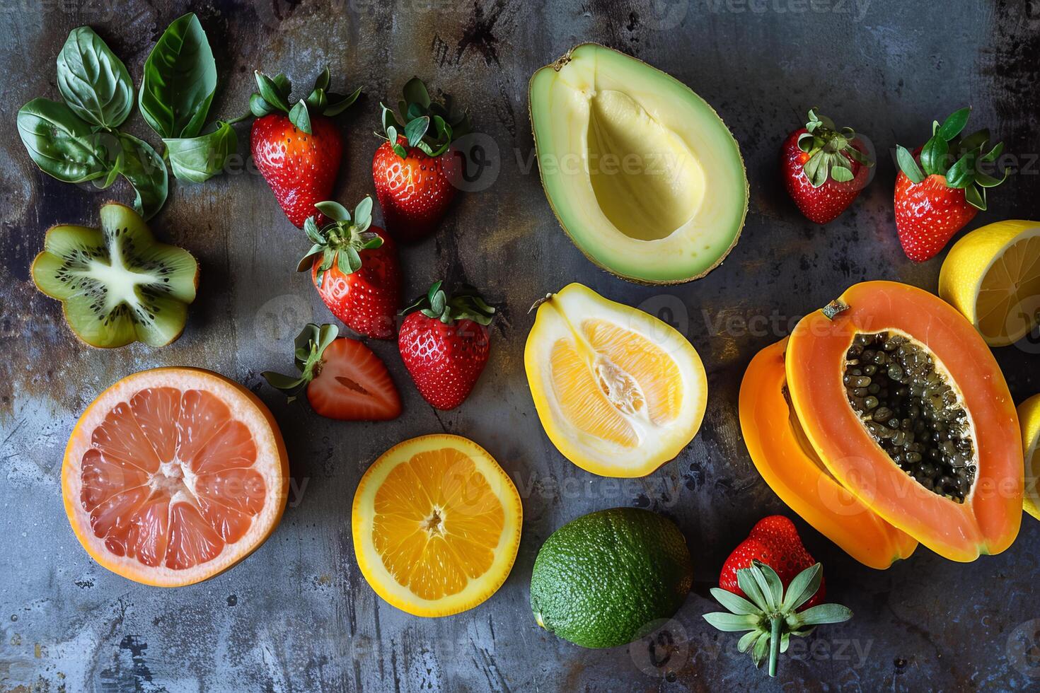 Fresh sliced and whole fruits and berries creating colorful tabletop display photo
