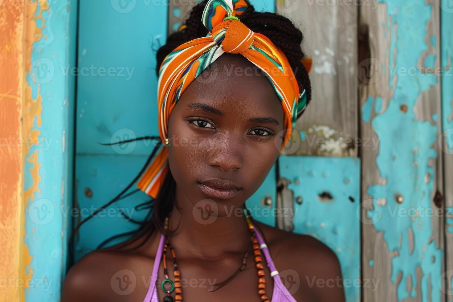 Young african woman posing in front of turquoise door photo