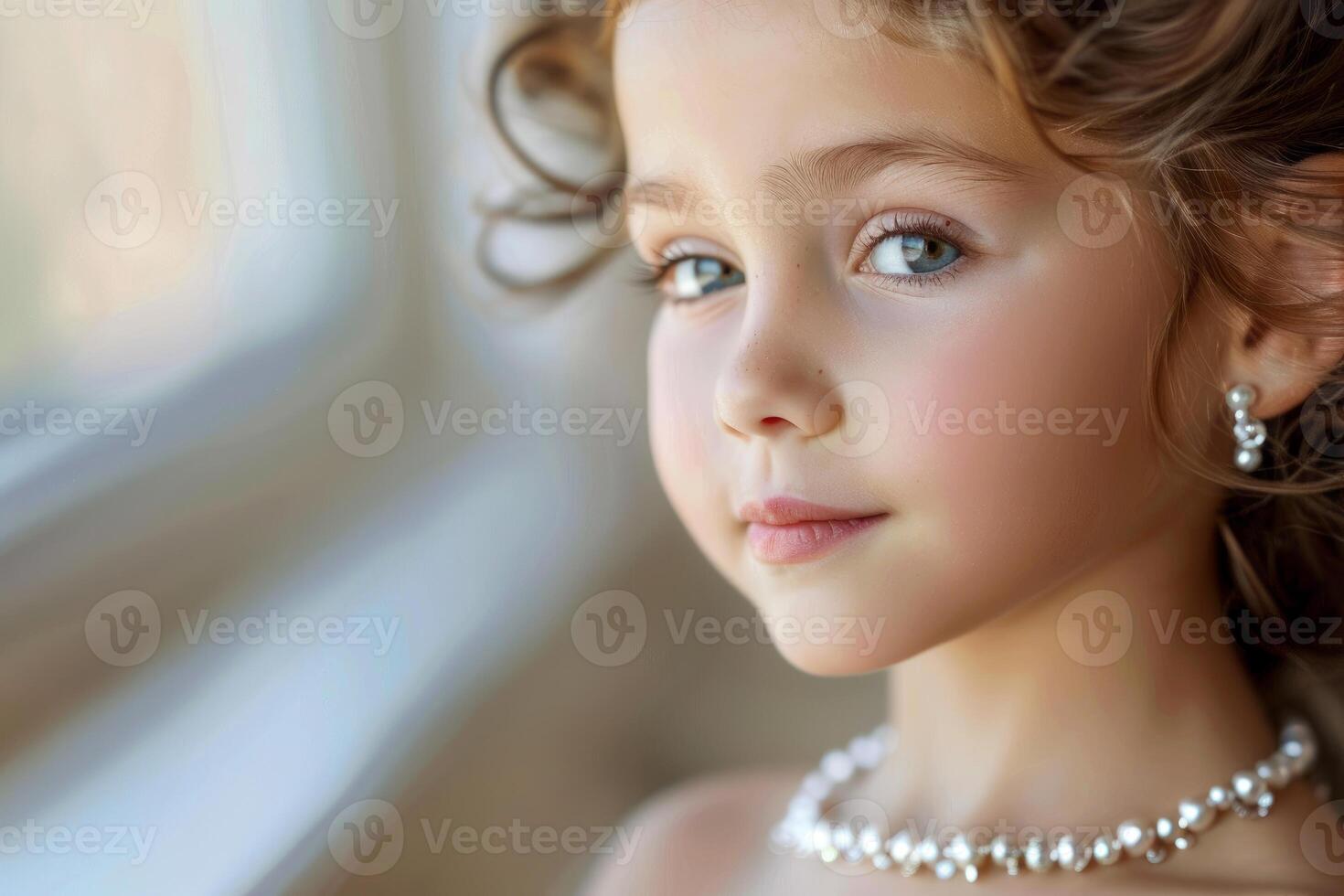 Portrait of charming young girl wearing pearl necklace and earrings photo