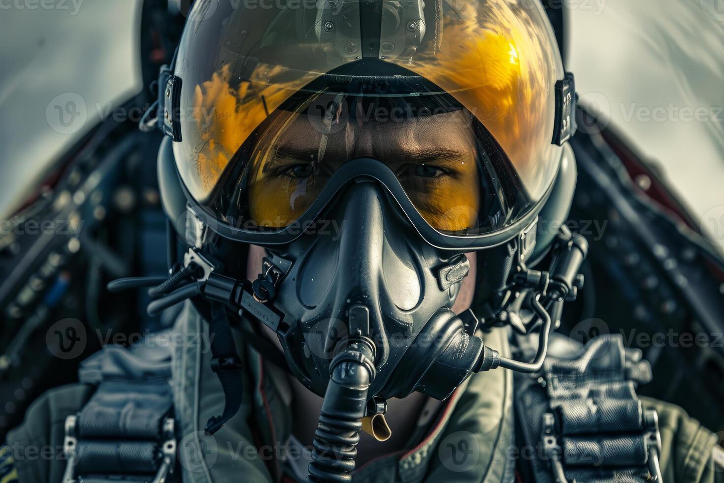 Military pilot wearing helmet and oxygen mask inside cockpit of fighter jet photo