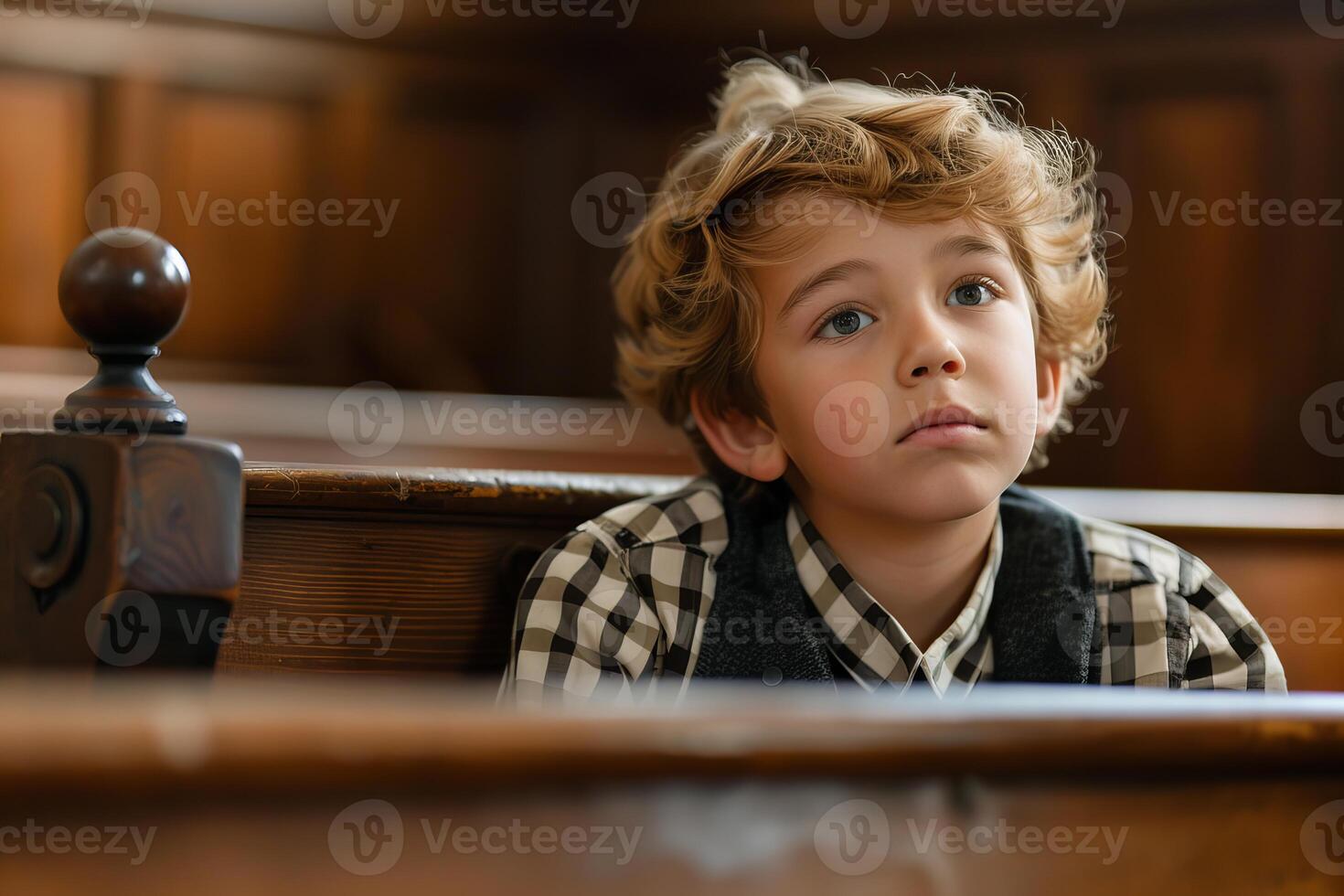 Young boy reflecting in church pew, contemplation and spirituality photo
