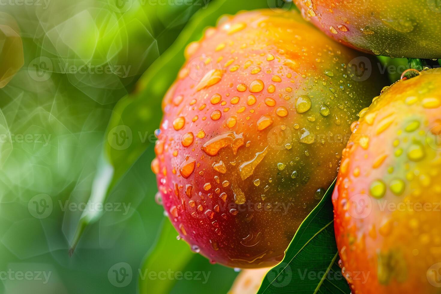Ripe mangoes growing on tree with water droplets in orchard photo