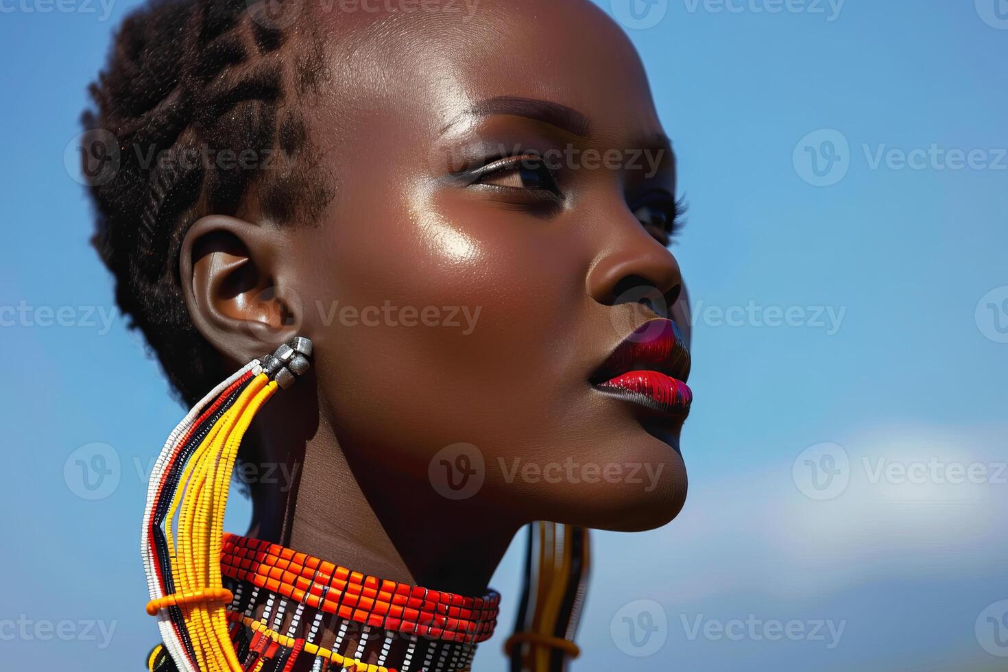 South sudanese model anok yai posing with colorful necklace and earrings photo