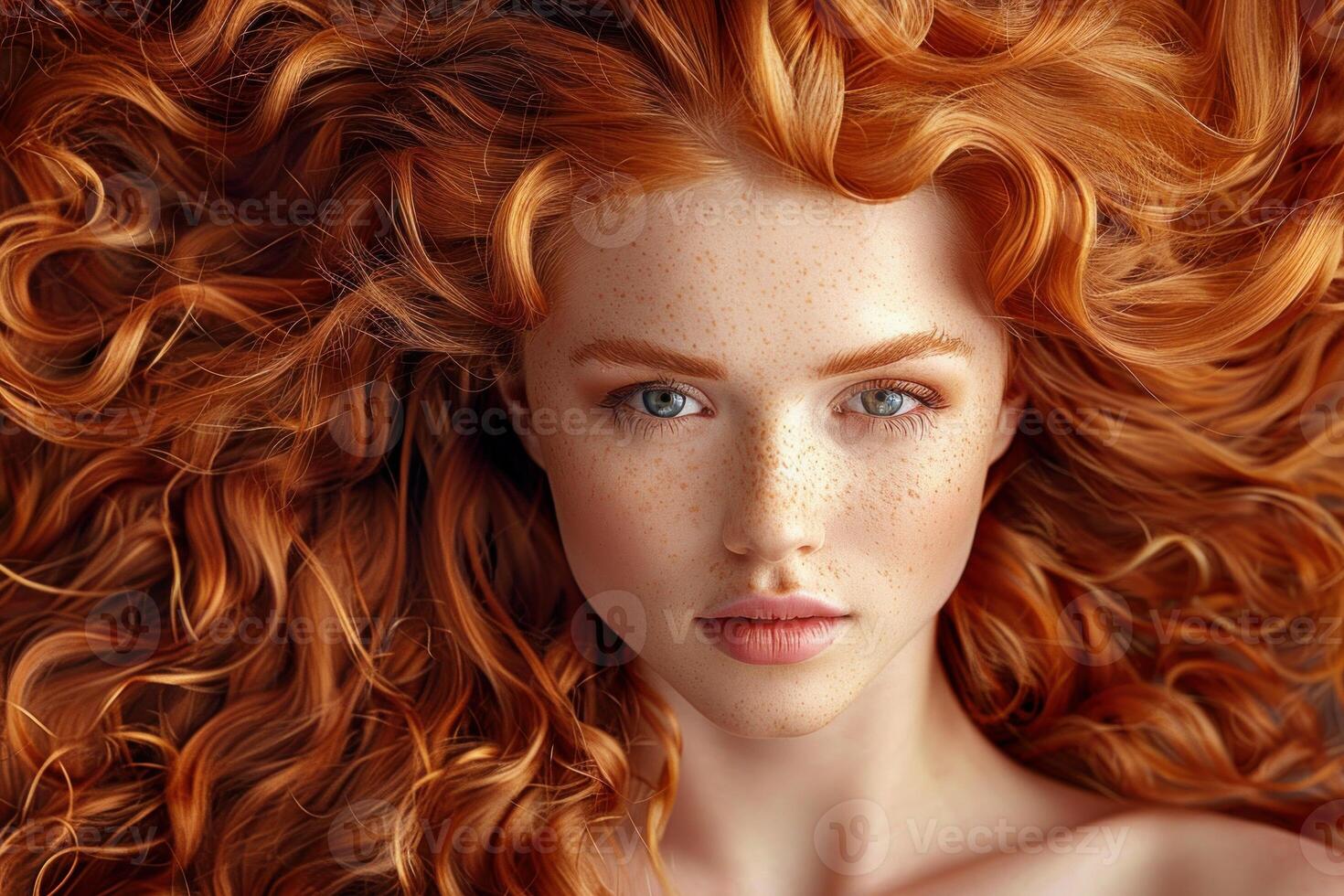 Beautiful model showing long wavy red hair and freckles photo