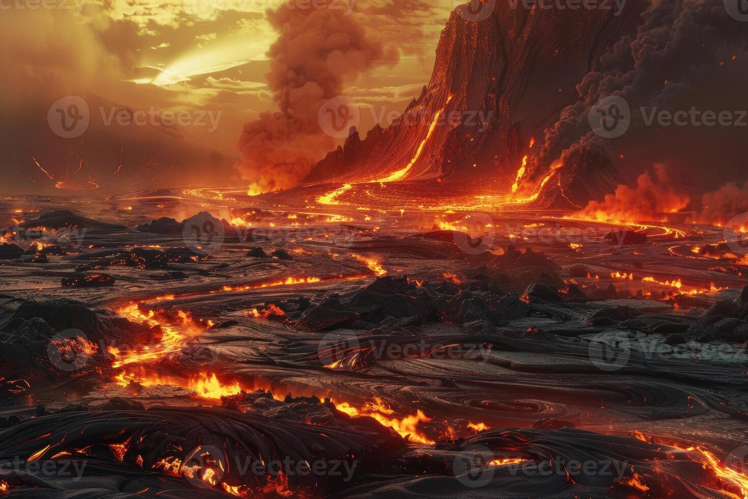 Rivers of lava flowing from erupting volcano at sunset photo