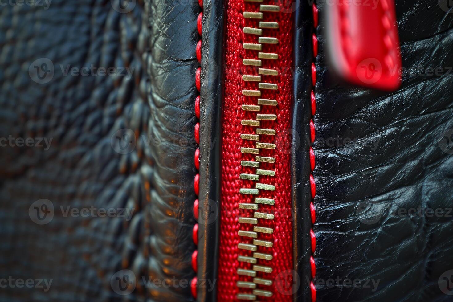 Close up of zipper on black leather bag with red stitching, showing detail and craftsmanship photo