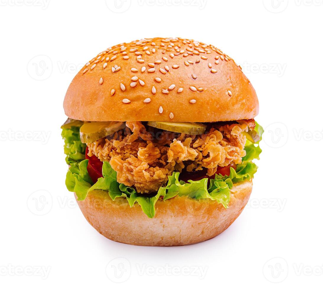 Delicious sesame seed burger with crispy chicken, fresh vegetables, and vibrant toppings for a tasty meal photo