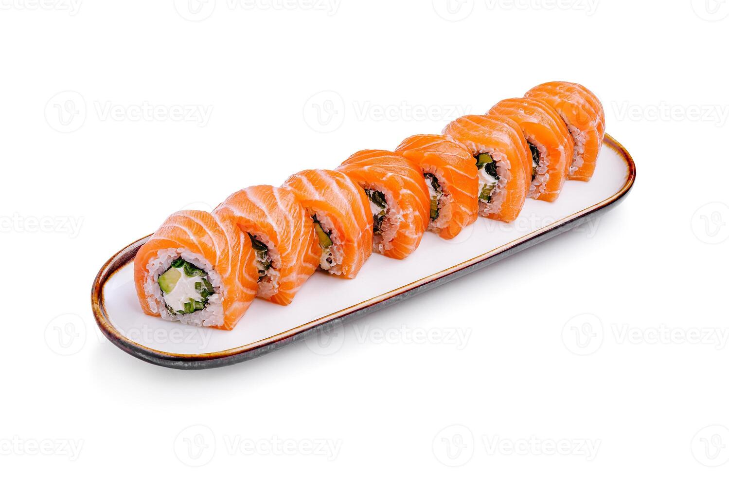 Delicious salmon sushi rolls arranged elegantly on a long serving plate photo