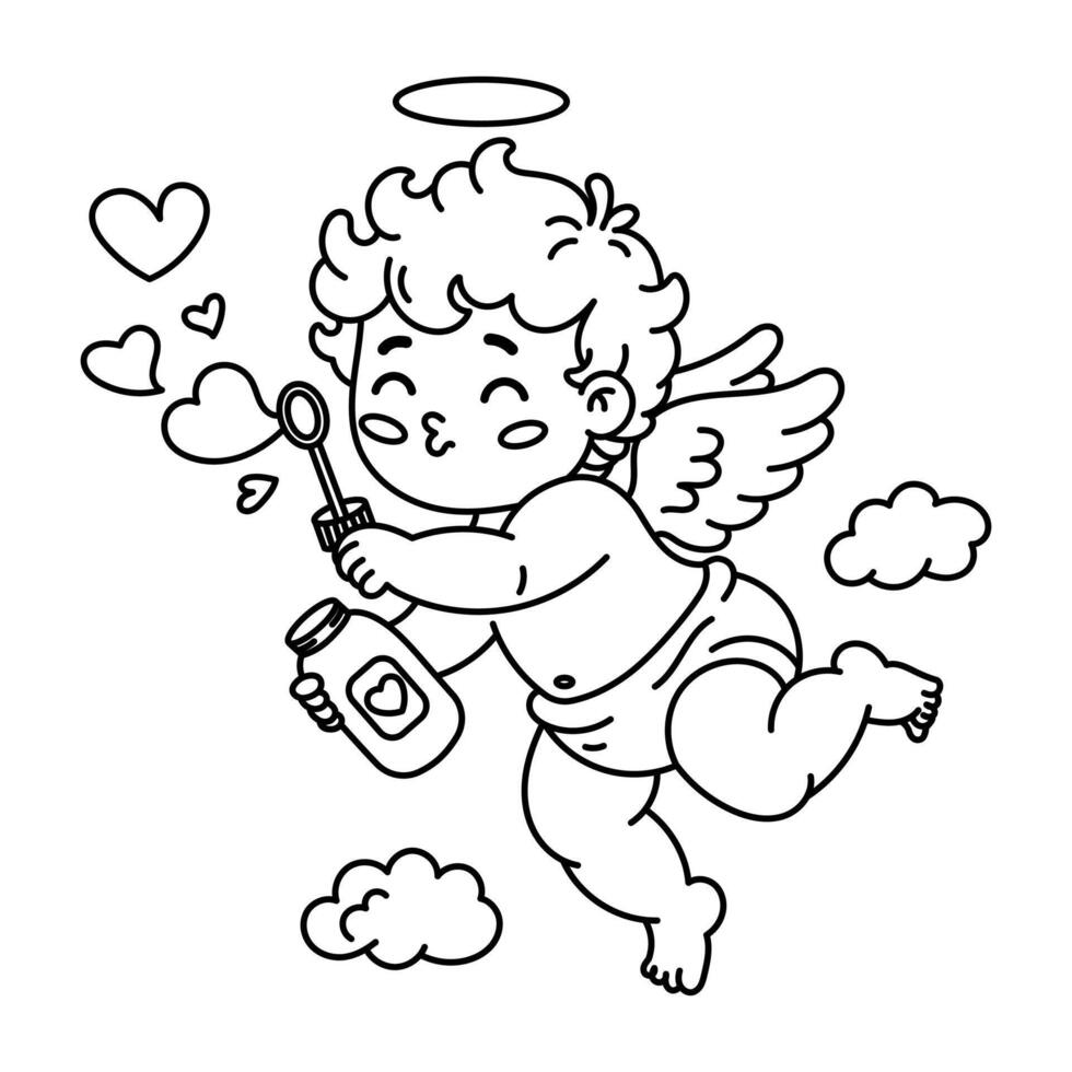 illustration of adorable Cupid blowing heart-shaped bubbles while flying among clouds vector