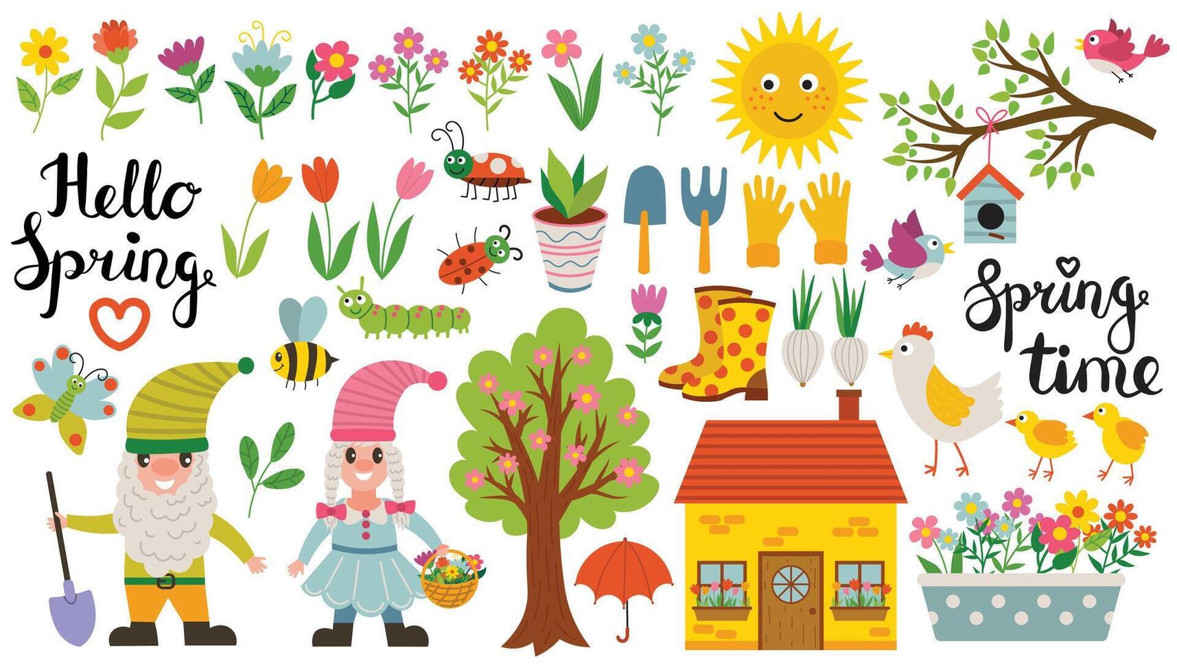 Spring set of design elements with garden gnomes, house, birds and flowers. Spring set of cute stickers in cartoon flat style. vector