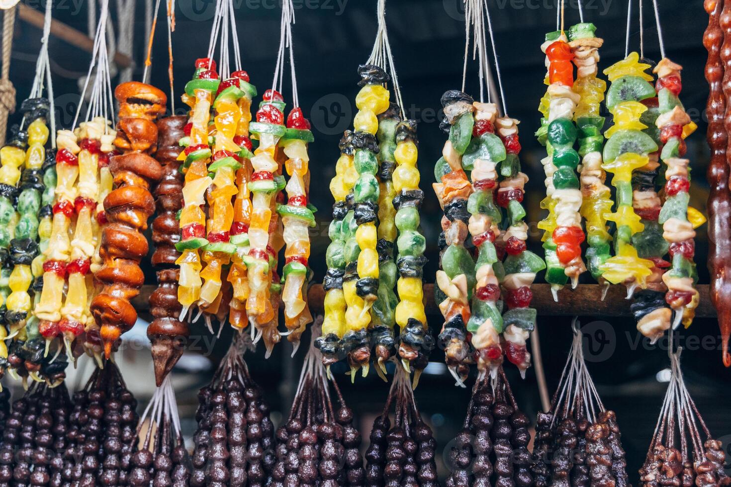 Churchkhela made from nuts hangs at a local market. photo