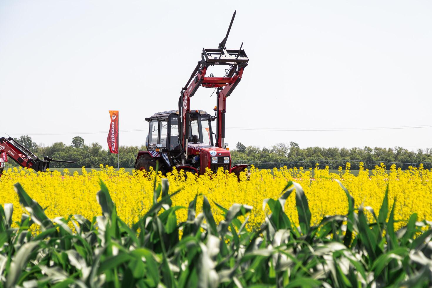 Republic of Tatarstan, Kazan - June 3, 2024. Red tractor in the background in a field photo