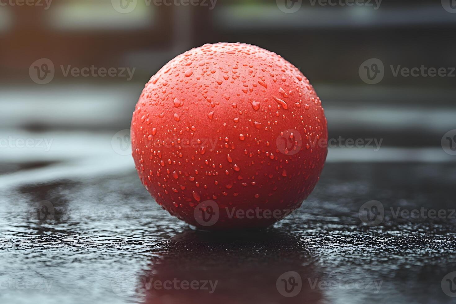 Red Rubber Ball with Water Droplets on Wet Surface Minimalism and Playful Design Concept photo