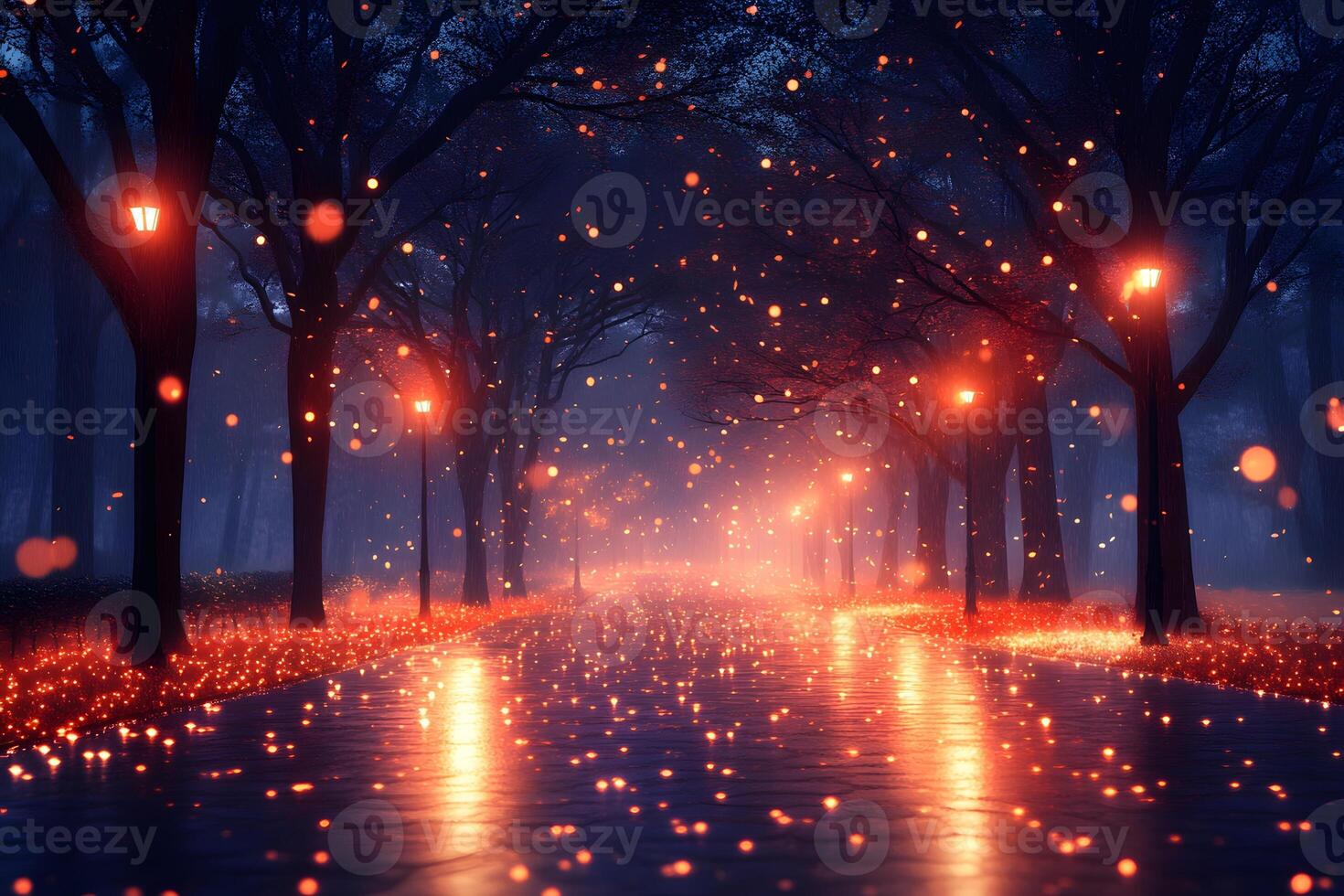 Enchanted Evening Pathway with Glowing Lanterns and Sparkling Lights photo