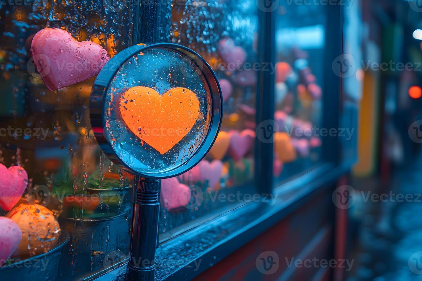 Magnifying Love Heart Shapes in Rainy Urban Window Reflection for Romantic Design photo