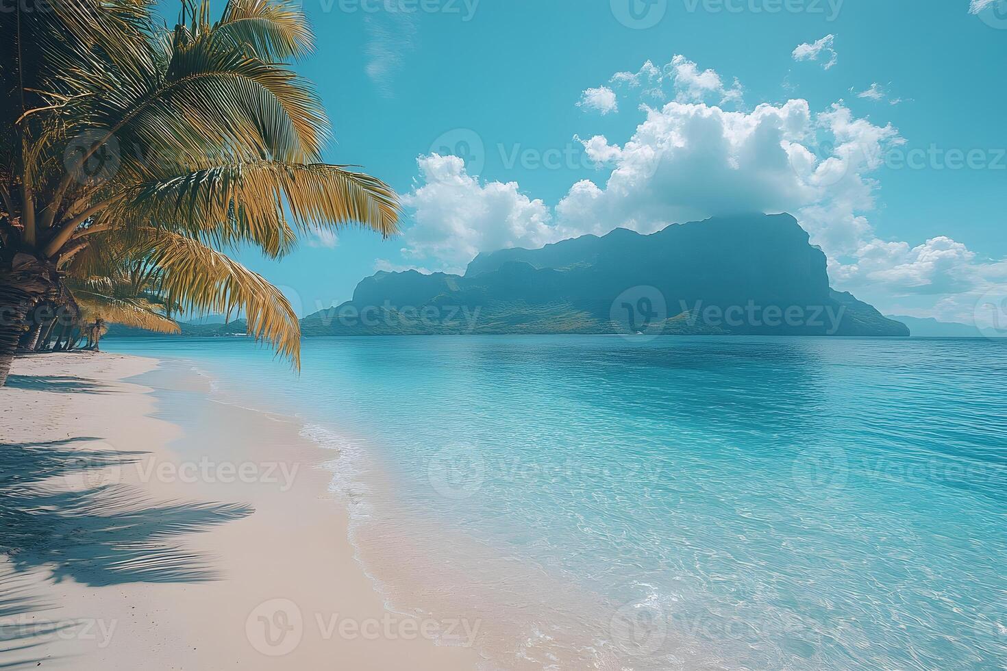 Tropical Paradise Beach with Palm Trees and Turquoise Waters Under Clear Sky photo
