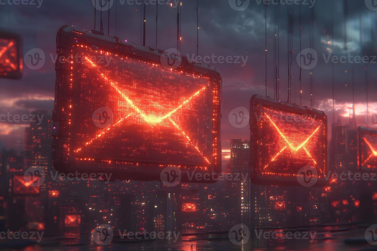 Futuristic Digital Communication with Neon Screens in Cyberpunk Cityscape photo