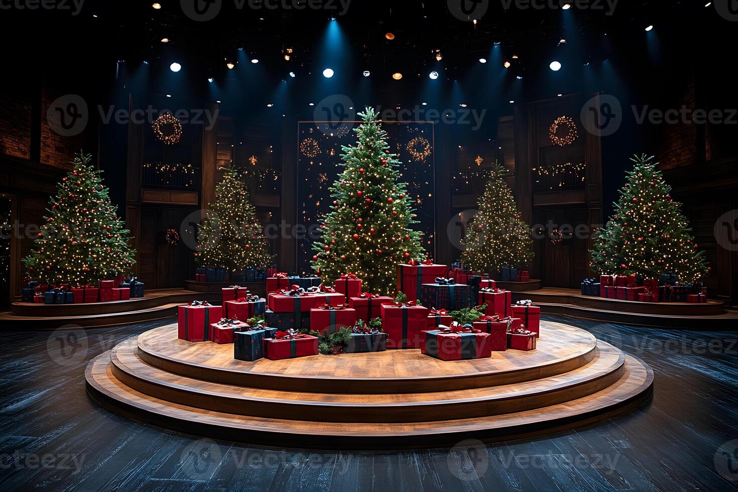 Holiday Stage with Christmas Trees and Presents for Festive Performances and Decorations photo