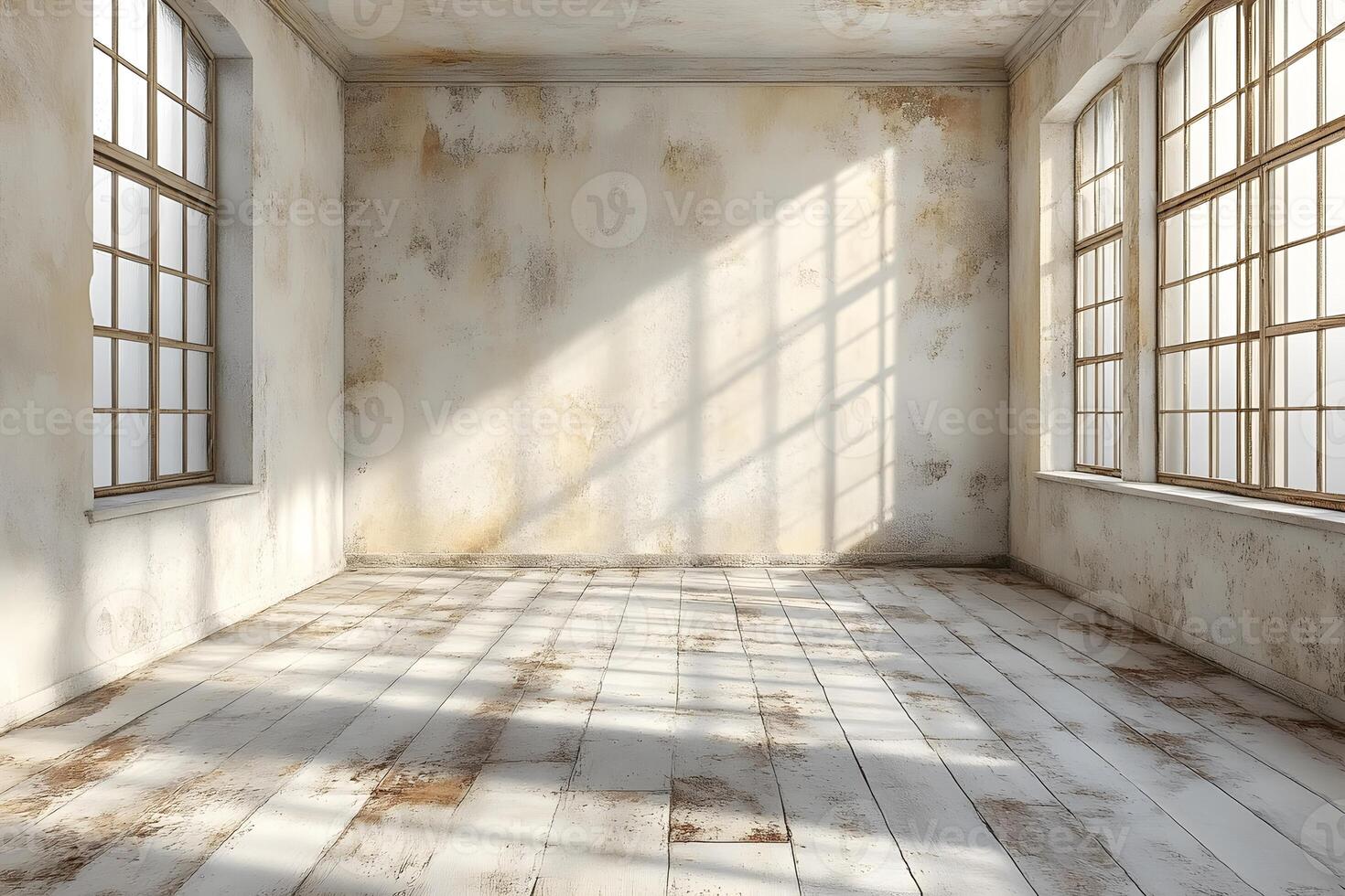 Sunlit Empty Room with Rustic Wooden Floors and Large Windows for Interior Design Inspiration photo