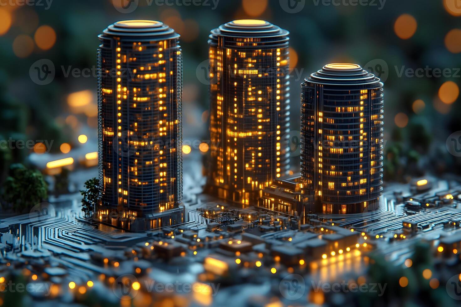 Futuristic Urban Nightscape of Illuminated Skyscrapers in a High-Tech City photo