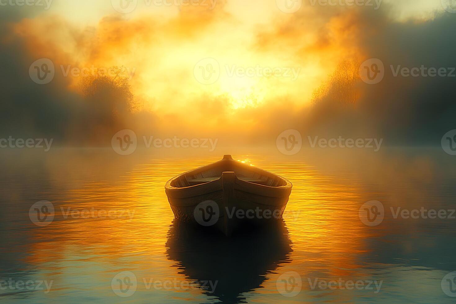 Tranquil Sunrise Over Serene Lake with Rowboat in Golden Hues photo