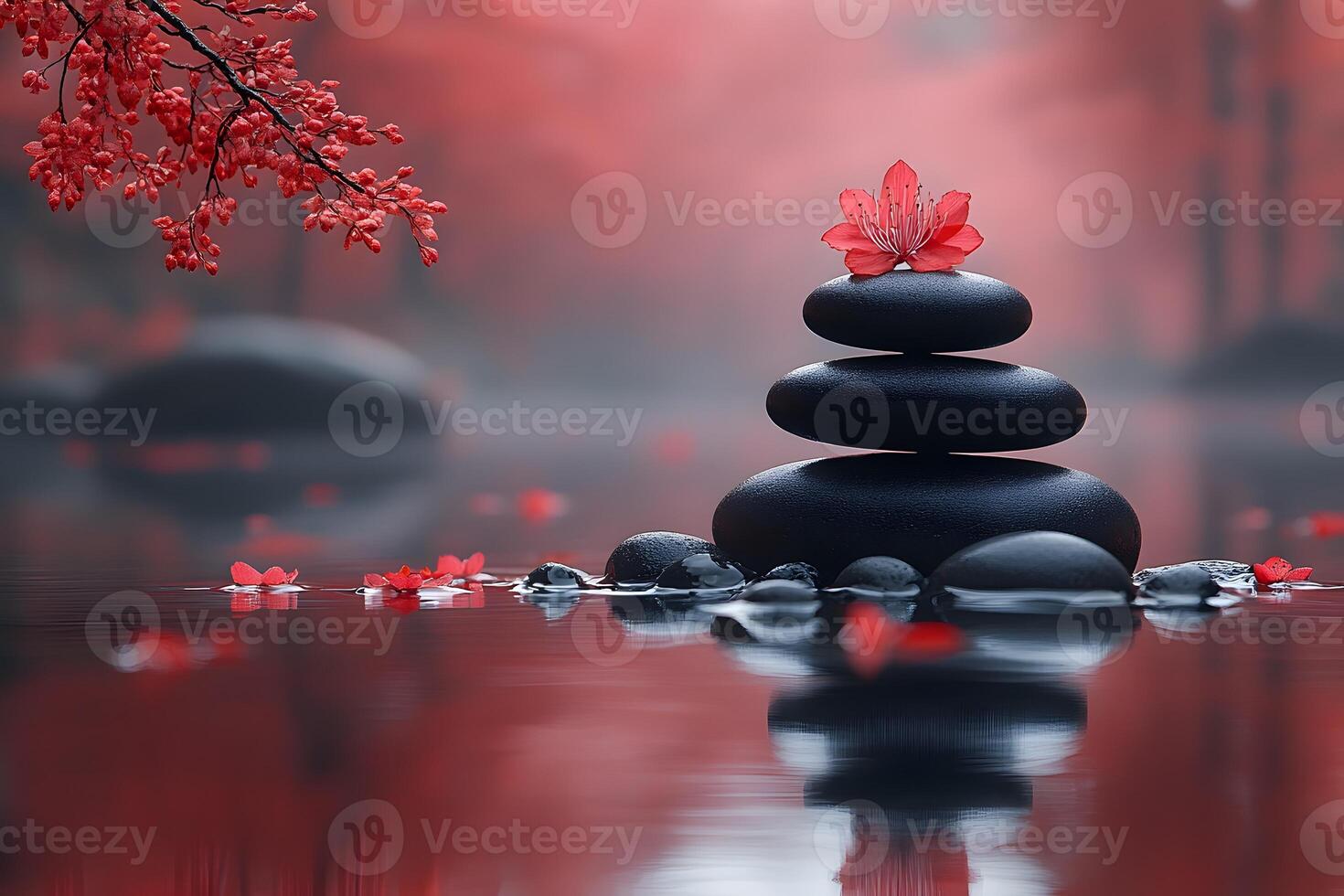 Zen Serenity with Balanced Stones and Blossoms in Tranquil Autumn Setting photo