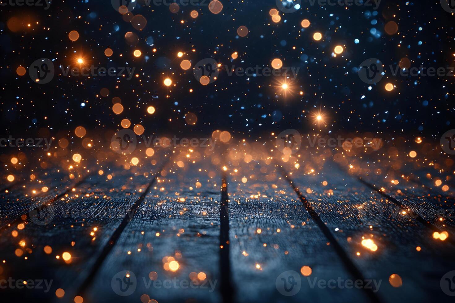 Sparkling Bokeh on Rustic Wooden Surface Enchanting Background for Festive Design photo
